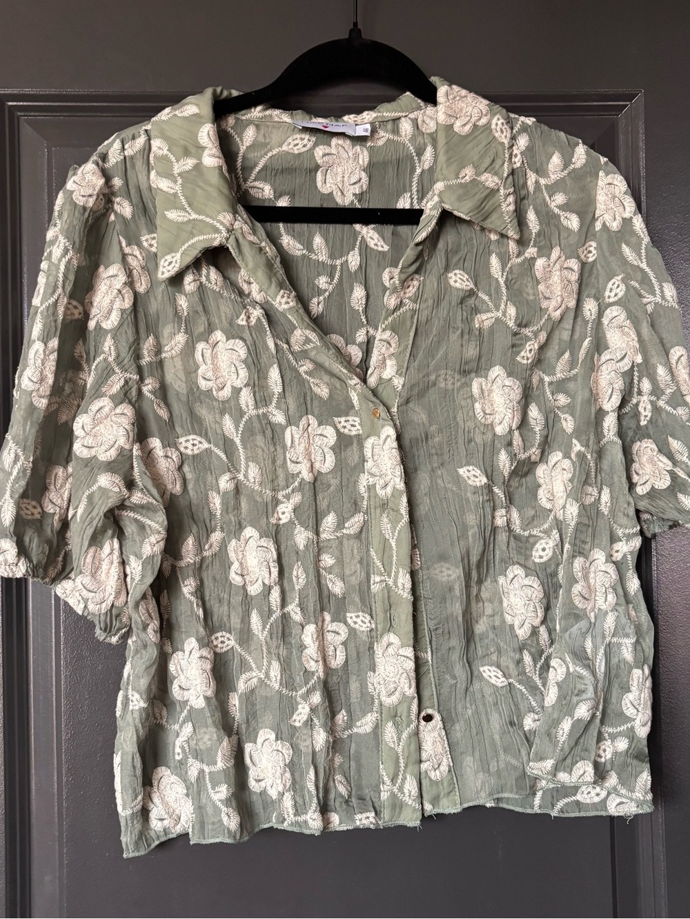 NAF NAF Sage Green Floral Embroidered Button-Down Shirt